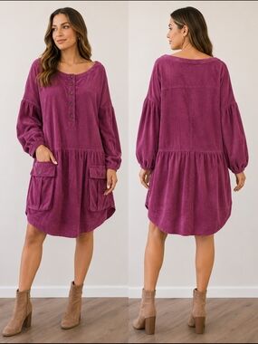 Relaxed Corduroy Button-Front Mini Dress in Plum